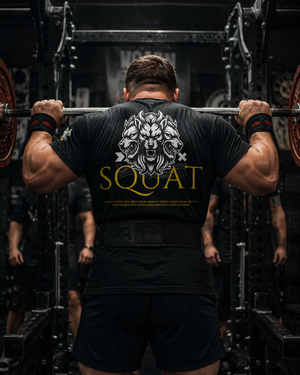 Male powerlifter under a loaded bar wearing black Squat Tee