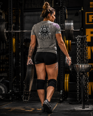 Female powerlifter walking away in grey Squat Tri-Blend Tee