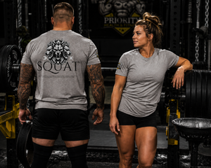 Male and female athletes wearing grey MooreMuscle Squat Tri-Blend Tees