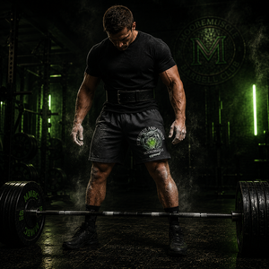 Strength and Honor performance shorts during a deadlift setup in a powerlifting gym