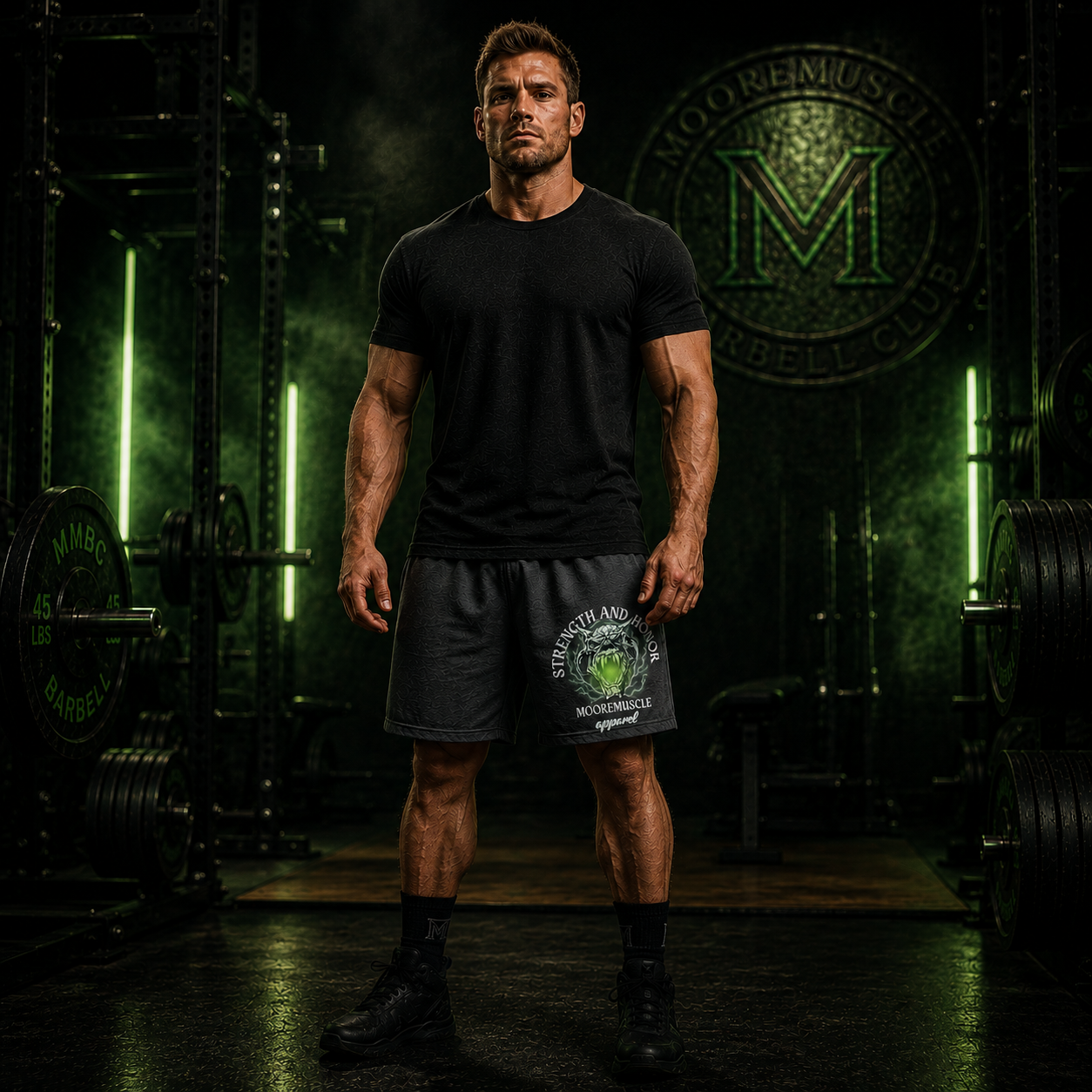Strength and Honor performance shorts worn in a powerlifting gym with green accent lighting