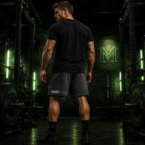 Rear view of Strength and Honor performance shorts with MooreMuscle branding
