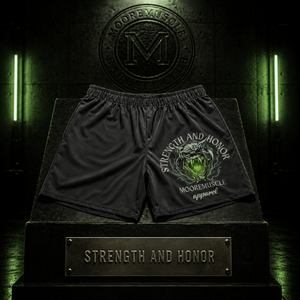 Strength and Honor performance shorts displayed as a premium museum-style artifact