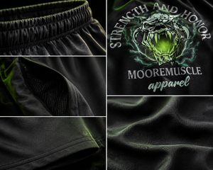 Close-up details of Strength and Honor performance shorts showing fabric, stitching, waistband, and graphic