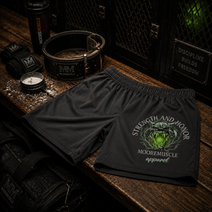 Strength and Honor performance shorts displayed in a locker room setting