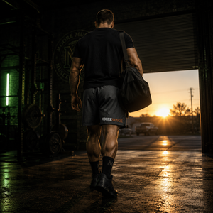 Athlete wearing Strength and Honor performance shorts outside a gym at sunrise
