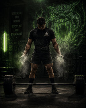 Athlete preparing for a deadlift while wearing the Strength and Honor collection.