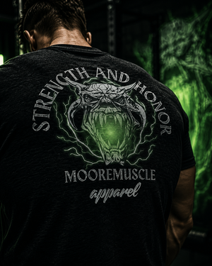 Strength and Honor back graphic illuminated against a green guardian crest backdrop.