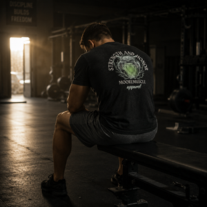 Athlete wearing Strength and Honor tee seated alone in an empty gym.