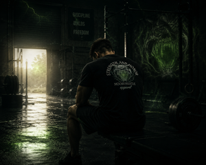 Person sitting in a gym with 'Strength and Power' shirt, dimly lit.