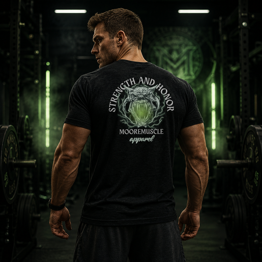 Athlete wearing the Strength and Honor tee with guardian graphic standing inside a powerlifting gym.