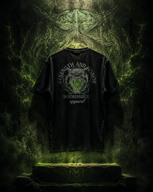 Strength and Honor tee displayed as a ceremonial crest with green ambient lighting.
