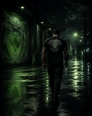Athlete wearing Strength and Honor tee walking through a rain-soaked alley at night.