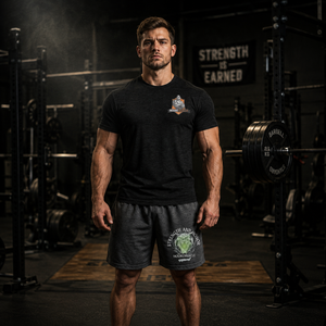 Strength and Honor tee and shorts worn by athlete standing inside a powerlifting gym.