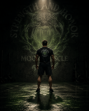 Man standing in a dark room with a glowing emblem on the wall, featuring the text 'Strength and Honor'.