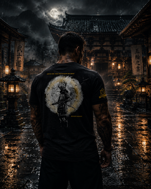 Athlete wearing Warrior Collection samurai t-shirt in a Japanese-inspired harbor environment at night