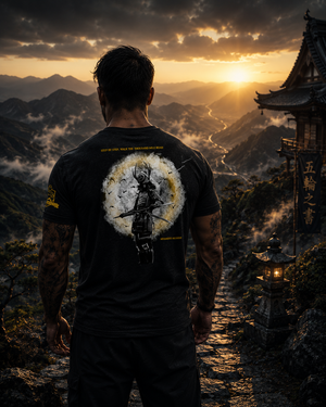 Warrior Collection t-shirt featuring samurai artwork worn during sunrise mountain landscape