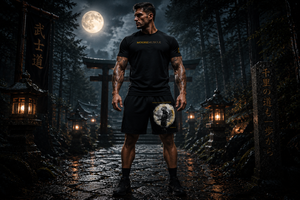 Athlete standing outdoors at night wearing Thousand Mile Performance Shorts with samurai-inspired warrior graphic.