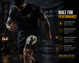 Athlete training in rain wearing Thousand Mile Performance Shorts showcasing water-repellent, fast-drying performance fabric.