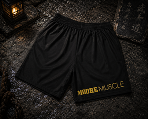 Back view of Thousand Mile Performance Shorts showing MooreMuscle branding on black performance fabric.