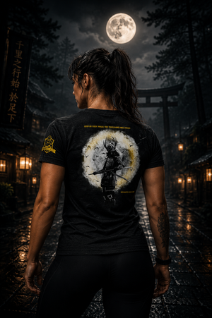 Person wearing a black t-shirt with a graphic design, standing in a mystical setting with a full moon and torii gate.