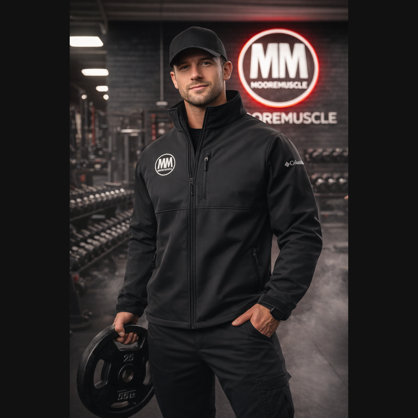 Male athlete wearing black MooreMuscle Columbia soft shell jacket inside a gym, holding a weight plate with MooreMuscle logo visible.