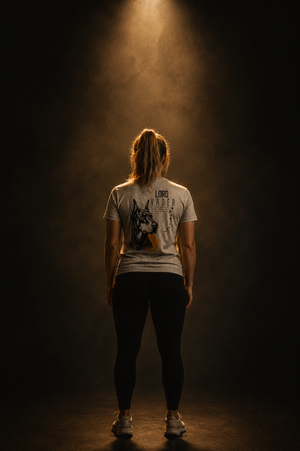 Athlete standing beneath a spotlight wearing the Lord Vader memorial tee in a dark gym.
