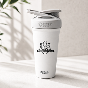 MooreMuscle white stainless steel shaker bottle with flip lid on clean minimal background