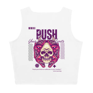 White crop top, back view, Push Your Limits skull graphic design
