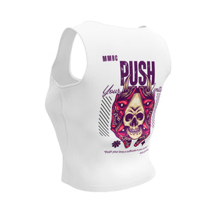 White crop top, angled back view, Push Your Limits skull graphic printed on back