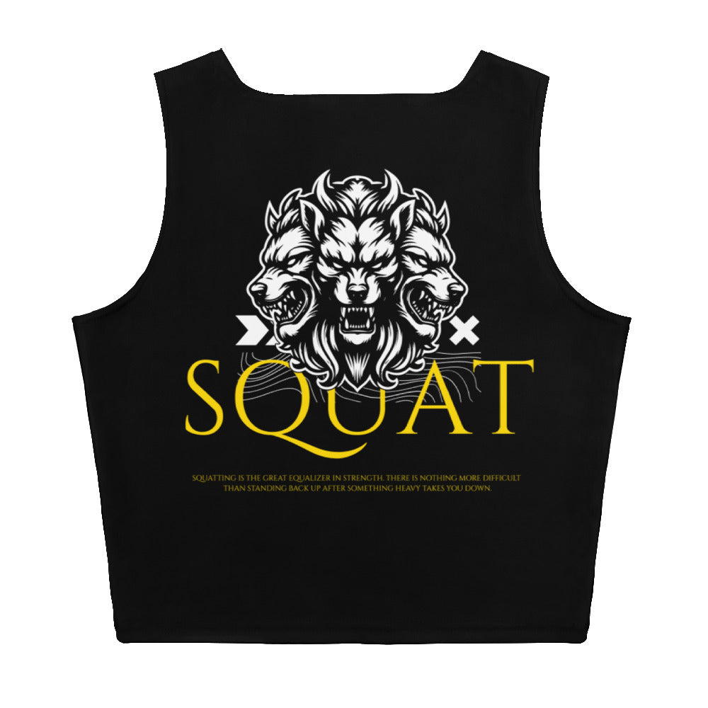Black crop top with Squat Collection lion graphic and “SQUAT” text, back view
