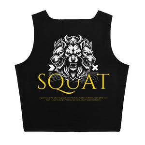 Black crop top with Squat Collection lion graphic and “SQUAT” text, back view