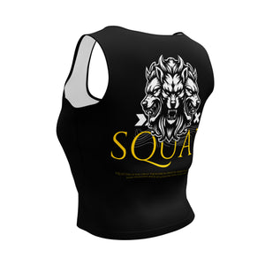 Black Squat Collection crop top, angled back view showing graphic