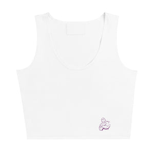 White tank top with a small logo on a white background
