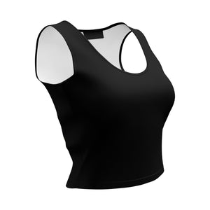 Black crop top, angled front/side view showing fit and straps