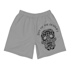 MooreMuscle Day of the Deadlift performance shorts with skull graphic on left leg, light gray athletic training shorts