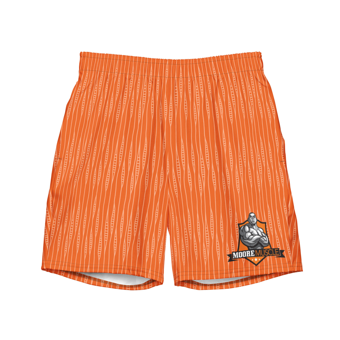 MooreMuscle Performance Swim Trunks orange front view with logo on leg