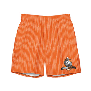 MooreMuscle Performance Swim Trunks orange front view with logo on leg