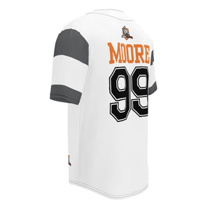 Back view of jersey showing large “MOORE” and number “99” graphic
