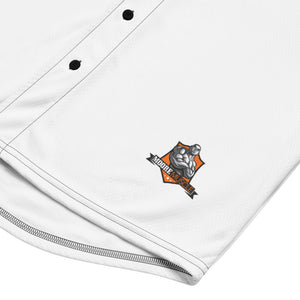 Close-up of MooreMuscle logo patch near jersey hem on white fabric