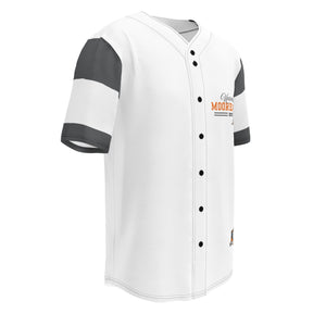 Side view of white MooreMuscle button-up baseball jersey