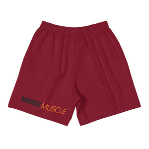 Maroon SQUAT unisex workout shorts back view with MooreMuscle logo near hem.