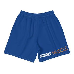 Back view of blue MooreMuscle Push Your Limits unisex shorts with skull “Day of the Deadlift” graphic on left leg