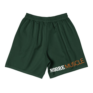 Green performance shorts, back view, MooreMuscle logo on leg