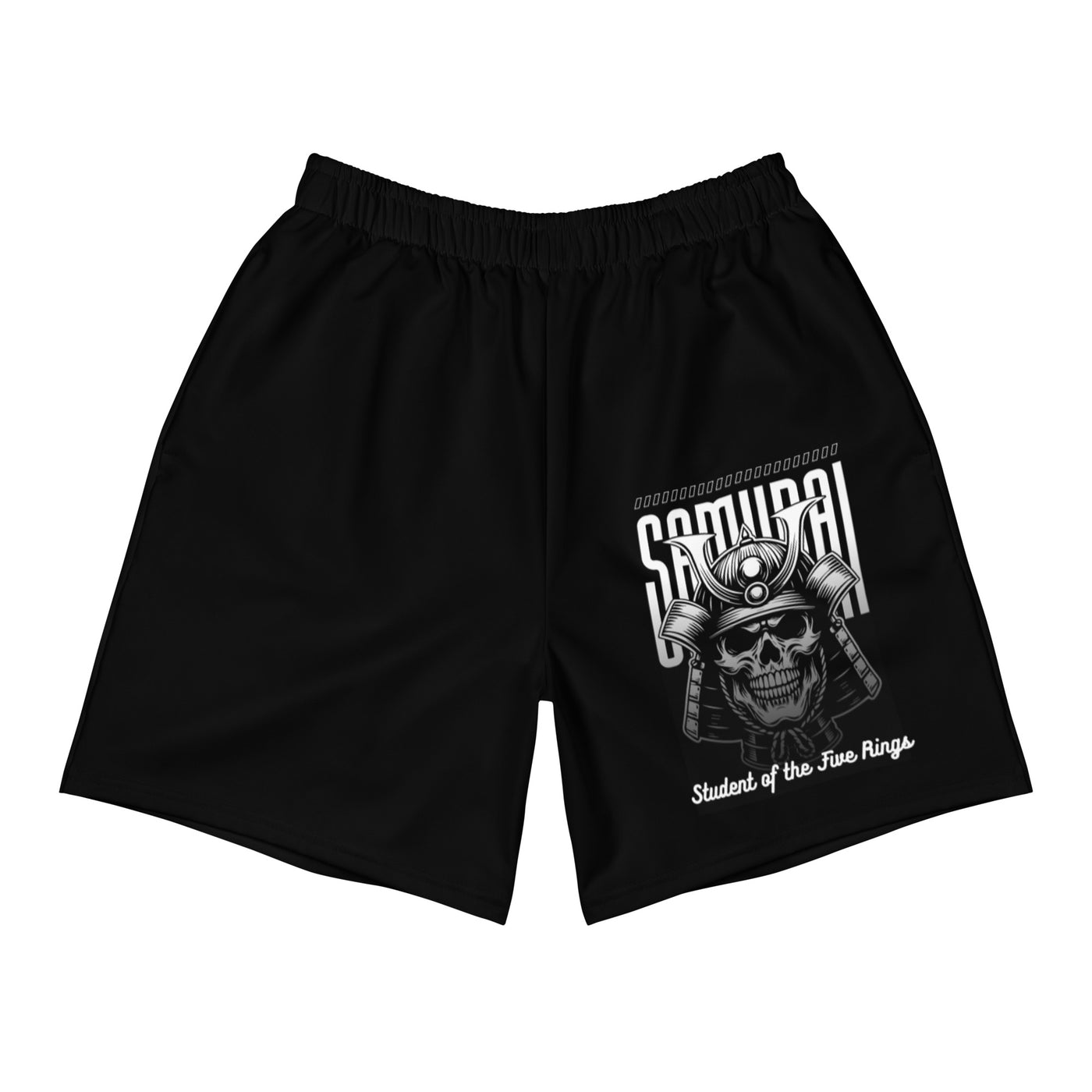 Black Five Rings ‘Void’ unisex training shorts with samurai skull graphic, front view