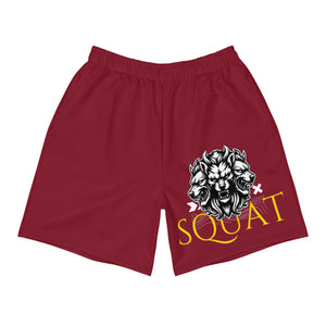 Maroon SQUAT unisex workout shorts front view with SQUAT graphic on left leg.