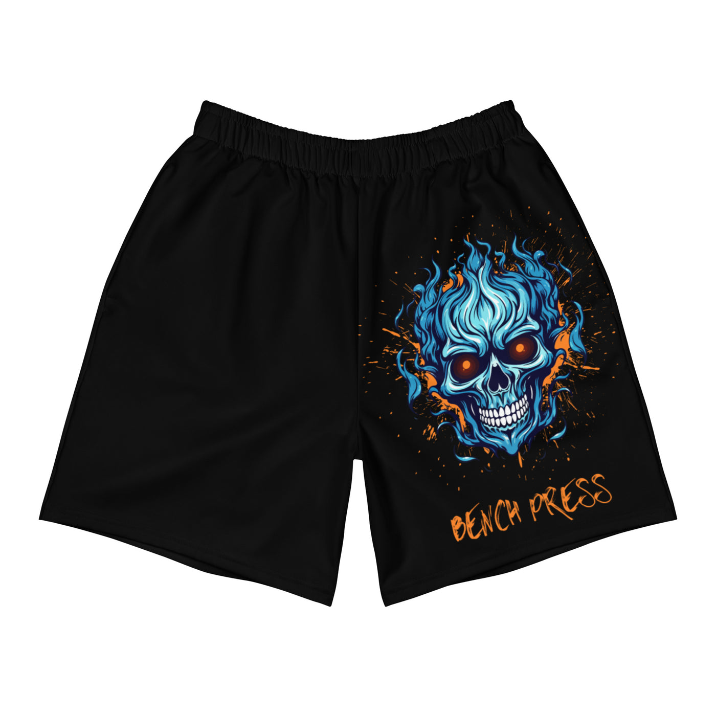 Black MooreMuscle Bench Press shorts with blue flaming skull graphic and “Bench Press” text