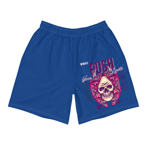 Front view of blue MooreMuscle Push Your Limits unisex shorts with MooreMuscle logo on right leg