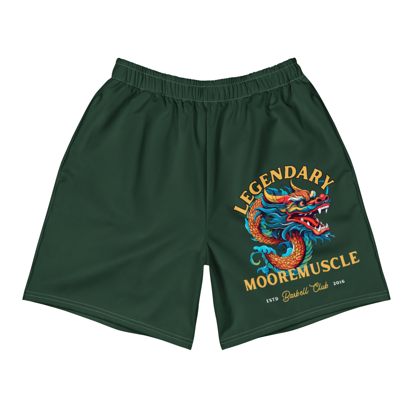 Green performance shorts, front view, Legendary MooreMuscle graphic on leg