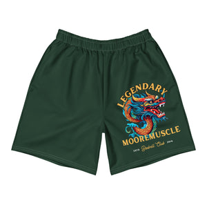 Green performance shorts, front view, Legendary MooreMuscle graphic on leg